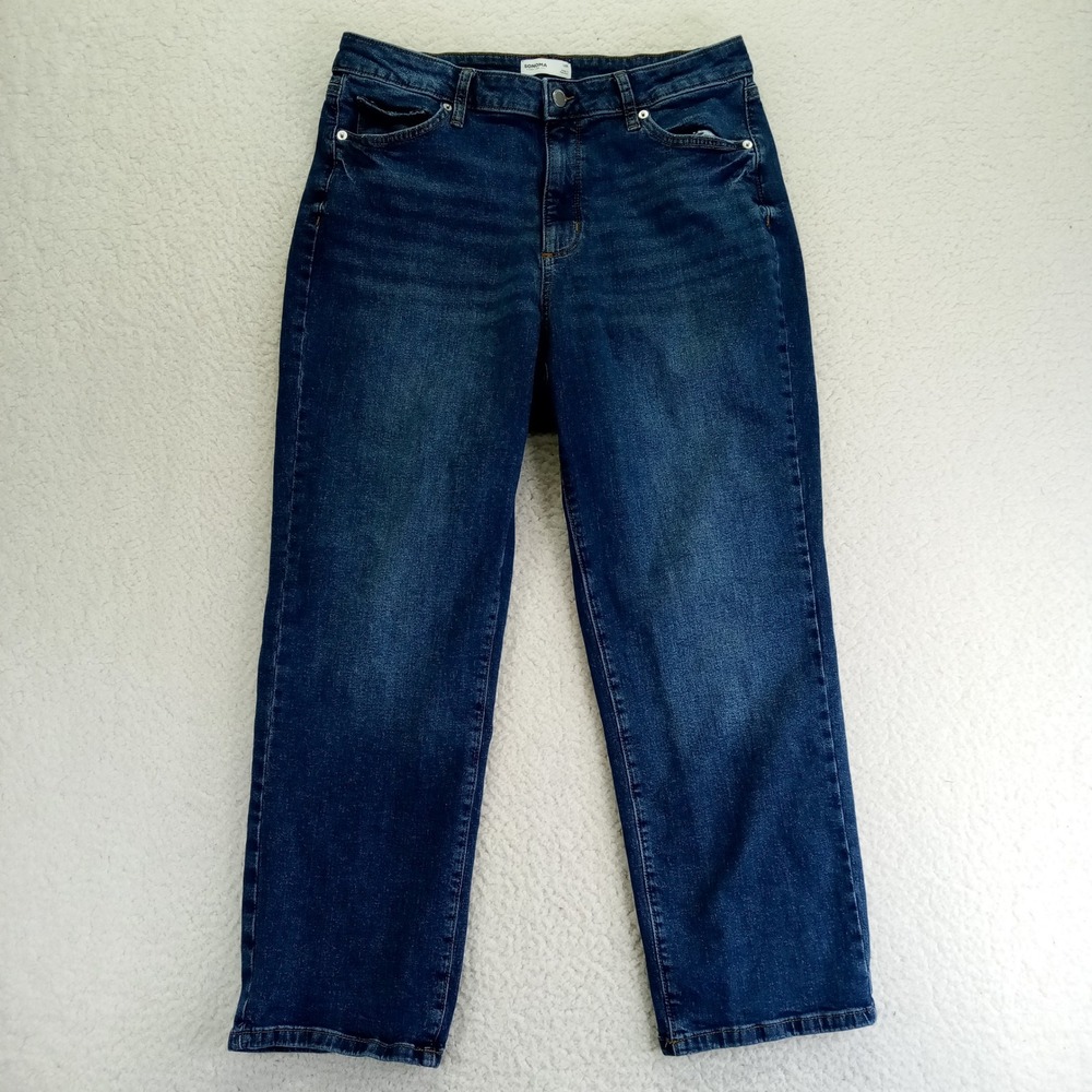 Sonoma Goods For Life Women Dark Wash Straight Leg Jeans 14P Petite Blue Stretch